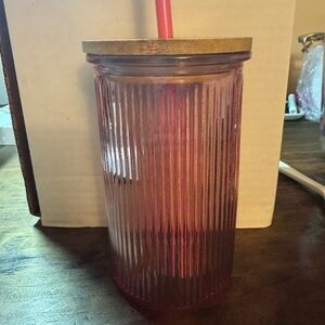 Pink Ribbed Glass Tumbler with Straw